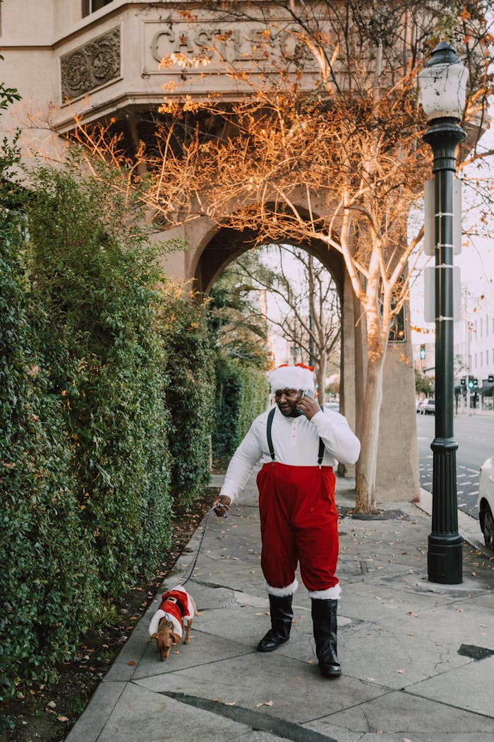 A man dressed as Santa Claus walks a small dog on a city sidewalk during Christmas season.